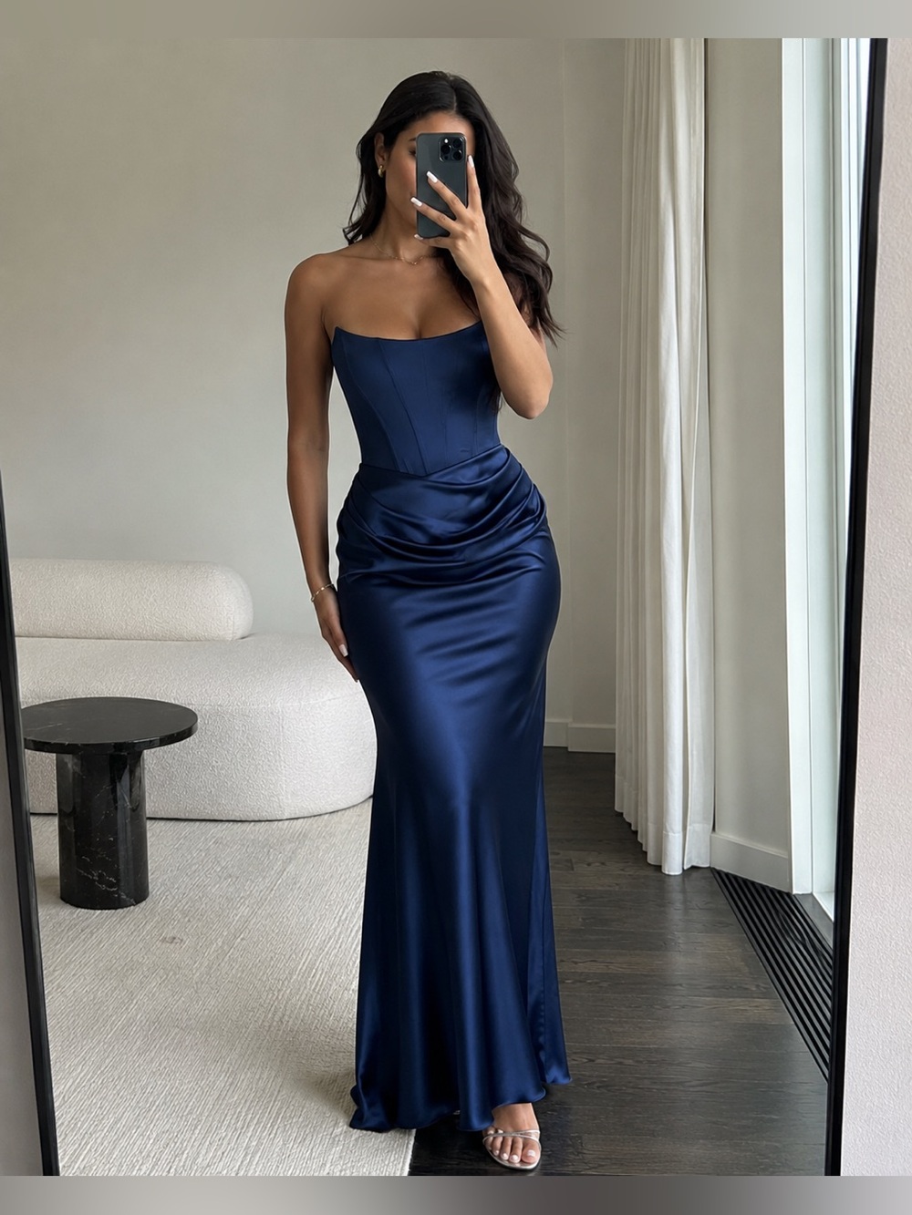 Betsy & Adam Navy Mixed Media Strapless Corset Satin Gown Size 10